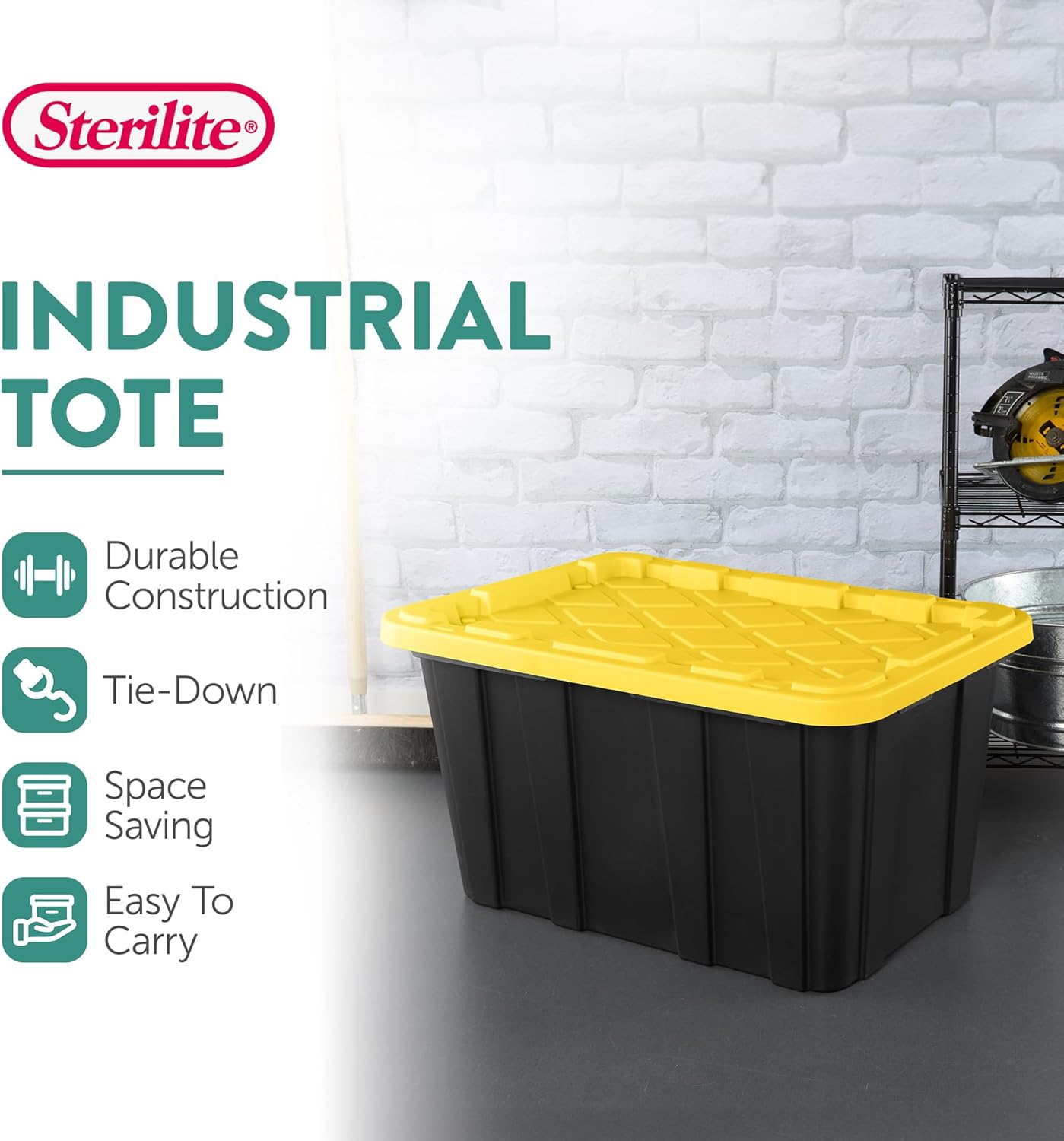 Sterilite 4-Pack 27 Gallon Industrial Storage Tote, Heavy-Duty Plastic Bins, Black/Yellow - Stackable Utility Organizers with Lids for Garage, Camping Tools, and Outdoor Gear