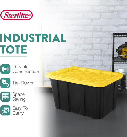 Sterilite 4-Pack 27 Gallon Industrial Storage Tote, Heavy-Duty Plastic Bins, Black/Yellow - Stackable Utility Organizers with Lids for Garage, Camping Tools, and Outdoor Gear