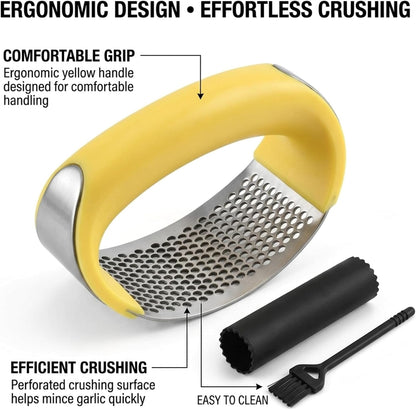 Angel's Peel Lounge Stainless Steel Garlic Press Rocker Set with Silicone Garlic Peeler & Cleaning Brush – Garlic Chopper, Mincer, Grater, Crusher – Easy for Crushed Cloves – Rust-Resistant, Black