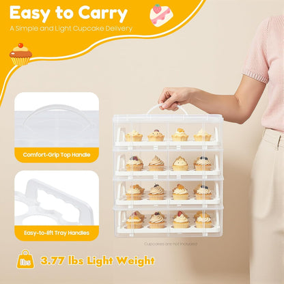 PERFERATE 4 Tiers Cupcakes Carrier - Plastic Detachable Cupcake Containers for 48 Cupcakes, Clear Cupcake Holder with Lid & Handle Reusable Cup Cake Box for Dessert Storage