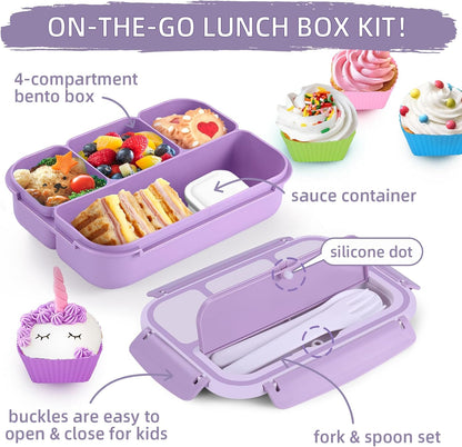 QQKO Bento Lunch Box for Kids Girls Boys, Toddler Kids Lunch Boxes for School, Lunch Containers for Adults with 4 Compartments, Sauce Container, Utensils, Food Picks and Muffin Cups, Purple