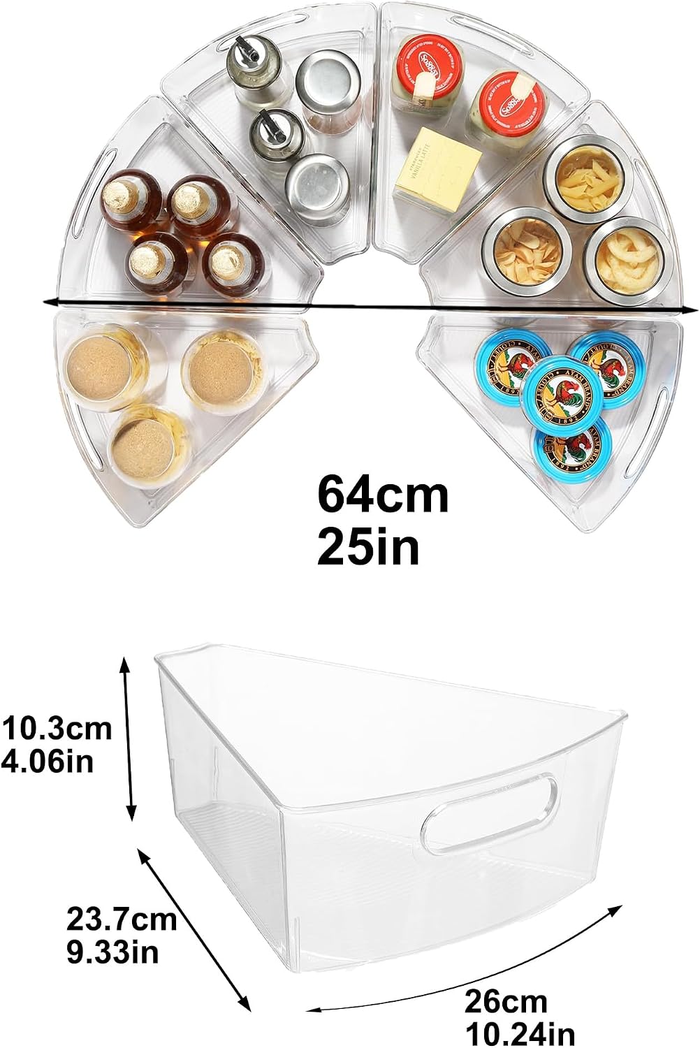 Lazy Susan Organizer for 25''-26'' Diameter Clear Corner Cabinet Storage Bins, Plastic Kitchen Corner Organizer with Handle 1/8 Wedge, Food Safe BPA Free (8 Pack)