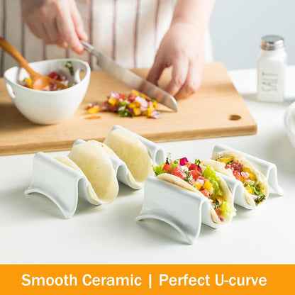 Taco Holders Set of 2, Porcelain Large Taco Tray with Handles, Reusable and Stackable Taco Plates, Perfect for Burritos and Tortillas Holder Handles, Oven & Microwave Safe