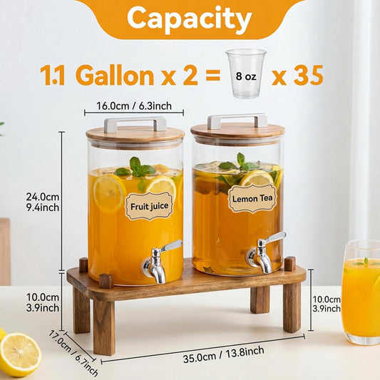 MerryNine 2PCS 1.1 Gallon Glass Drink Dispensers for Parties with Wood Stand, Punch Borosilicate Glass Beverage Dispenser, Leakproof Filter Stainless Spigot for Hot/Cold Lemonade Juice Tea Party Event