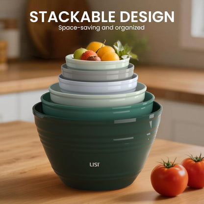 LISI 23Pcs Mixing Bowls Set with Lids, Airtight BPA-Free Nesting Bowls for Mixing, Baking, Cooking & Storage, Dishwasher Safe Serving Bowl, Includes Spatula, Spoons, Brush & Whisk