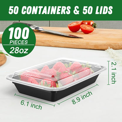 Dealusy 50 Pack (100-Piece) 24 oz Meal Prep Containers Reusable with Lids, Sturdy Leakproof & Food Safe, Microwave, Freezer, Dishwasher Safe Prep Containers, To Go Take Out Plastic Food Storage