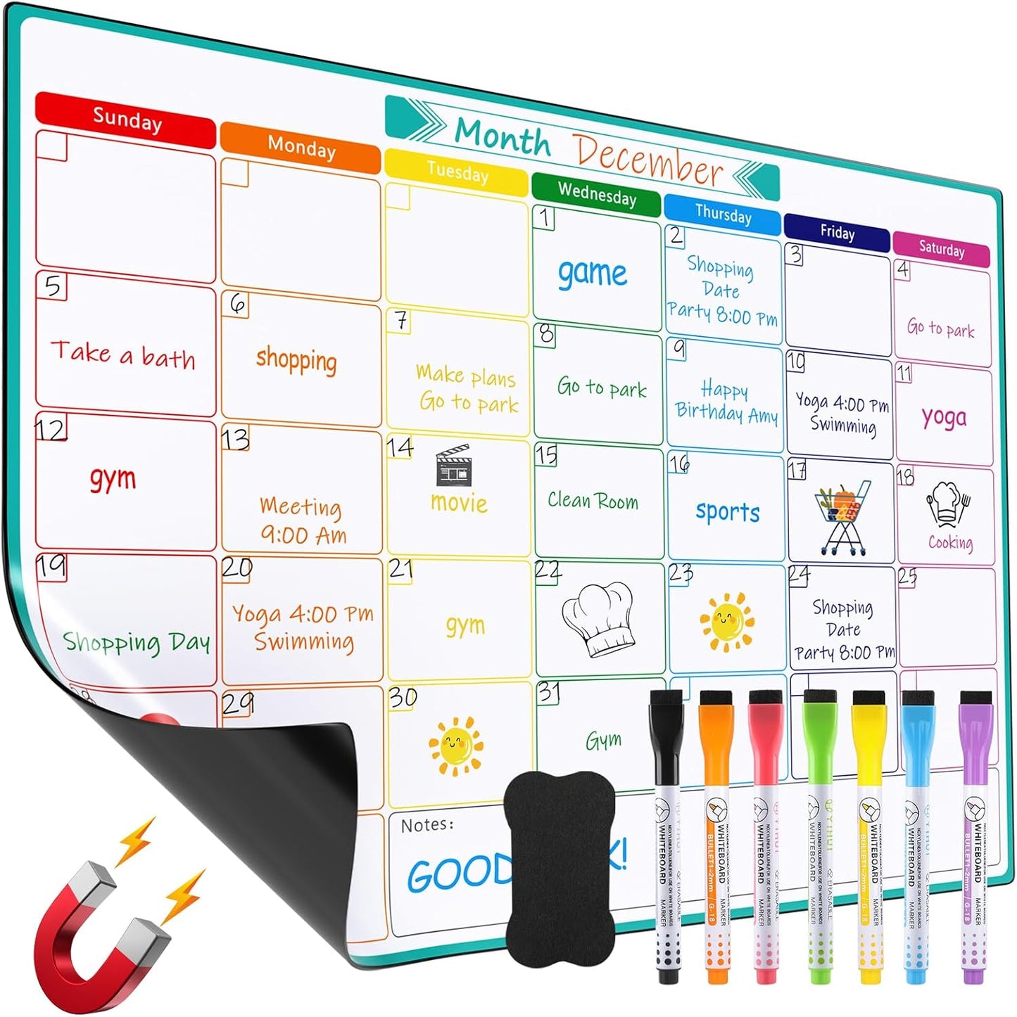 MaxGear Black Weekly Dry Erase Board,16"x12" Magnetic Whiteboard Meal Planner Blackboard for Fridge, Chalkboard Calendar Menu Planning Board Notepad for Kitchen with 7 Markers and 1 Eraser