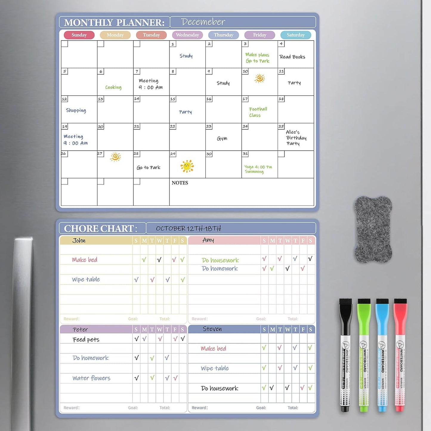 MaxGear Black Weekly Dry Erase Board,16"x12" Magnetic Whiteboard Meal Planner Blackboard for Fridge, Chalkboard Calendar Menu Planning Board Notepad for Kitchen with 7 Markers and 1 Eraser