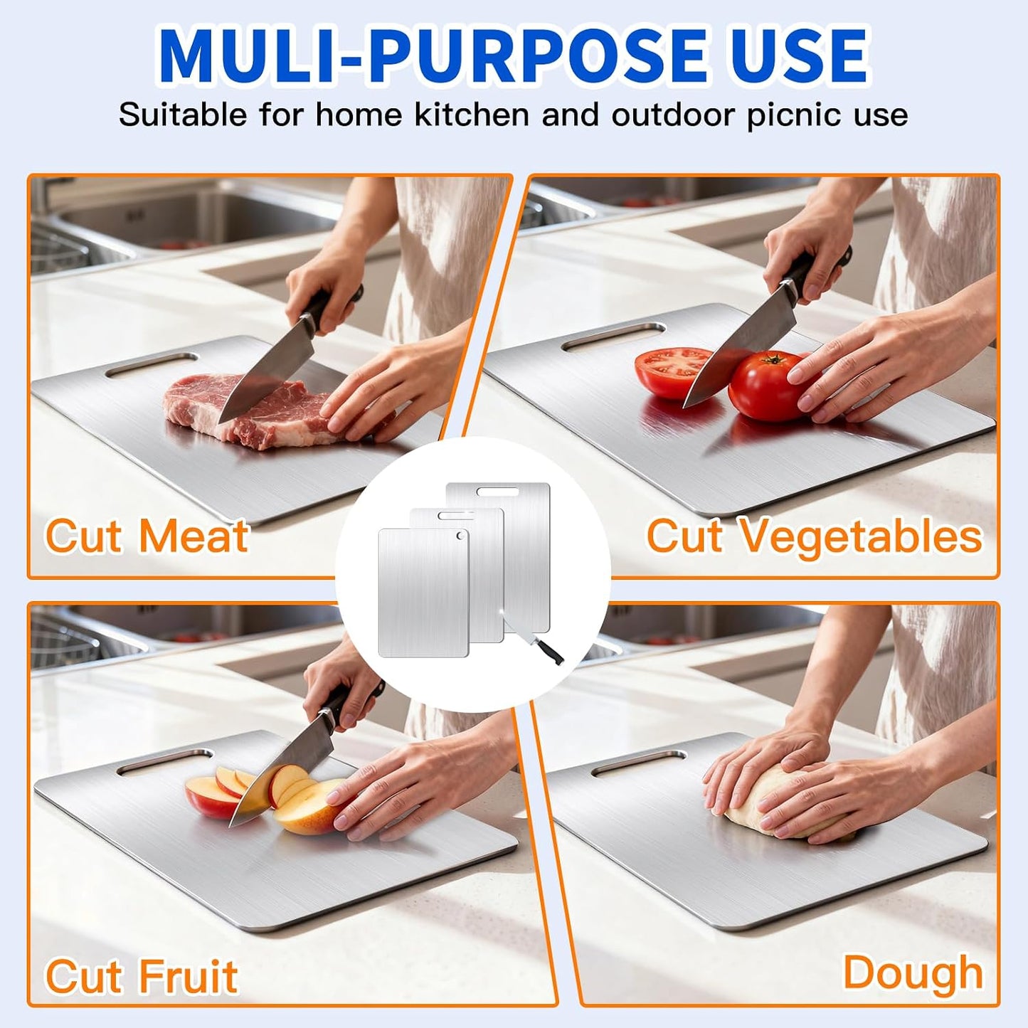 Titanium Cutting Board Set of 3, Titanium Cutting Boards for Kitchen, Food Grade Metal Double Sided Chopping Boards for Kitchen Counter Meat Vegetable Fruit Outdoor Camping(L.M.S)