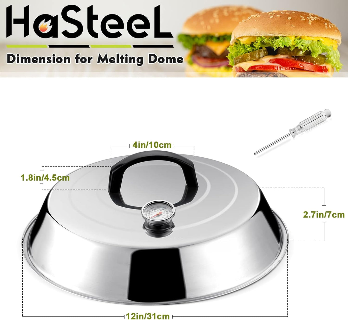 HaSteeL Cheese Melting Dome Set of 2, 12 Inch Round Basting Cover Metal Steam Cover, Stainless Steel Griddle Accessories for Flat Top Grill/Outdoor BBQ/Kitchen Cooking