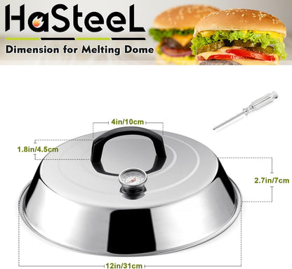 HaSteeL Cheese Melting Dome Set of 2, 12 Inch Round Basting Cover Metal Steam Cover, Stainless Steel Griddle Accessories for Flat Top Grill/Outdoor BBQ/Kitchen Cooking