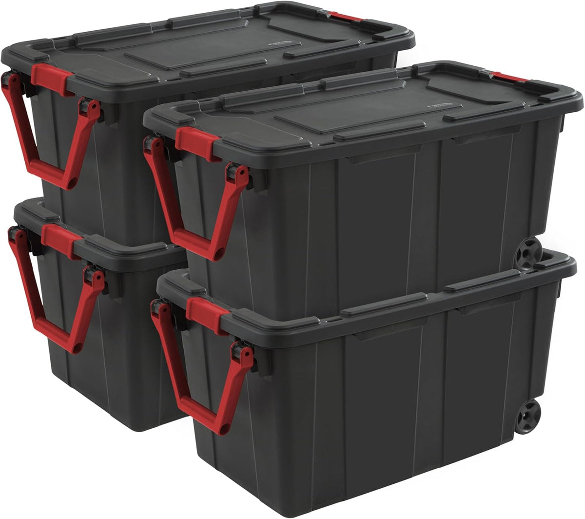 Sterilite Heavy Duty 40 Gallon Wheeled Industrial Storage Tote, 4-Pack, Black
