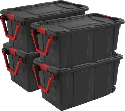 Sterilite Heavy Duty 40 Gallon Wheeled Industrial Storage Tote, 4-Pack, Black
