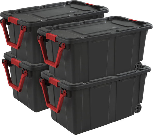 Sterilite Heavy Duty 40 Gallon Wheeled Industrial Storage Tote, 4-Pack, Black
