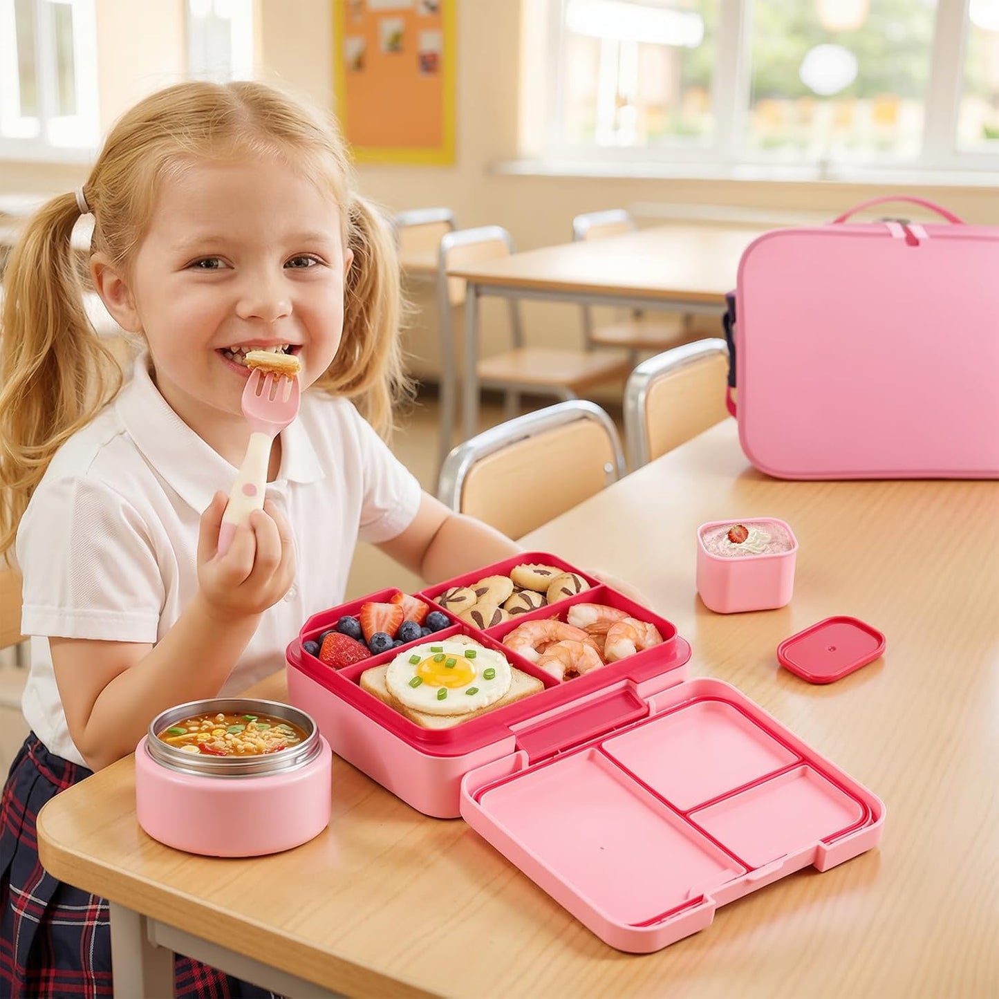 Bento Box Set with 9.5oz Soup Thermo Kids Leak-proof Lunch Box Container with 4 Compartment Stainless Steel Insulated Hot Food Jar with Bag for School Travel - Pink
