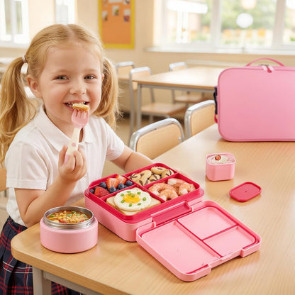 Bento Box Set with 9.5oz Soup Thermo Kids Leak-proof Lunch Box Container with 4 Compartment Stainless Steel Insulated Hot Food Jar with Bag for School Travel - Pink