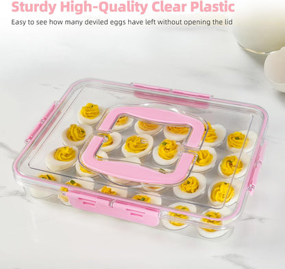 MesRosa 2 Pack Deviled Egg Containers with Lid and Handle, Durable Clear Plastic Deviled Egg Carrier Storage 48 Eggs, Stackable Egg Holder for Fridge, Portable Tray Platter for Party & Picnics-White