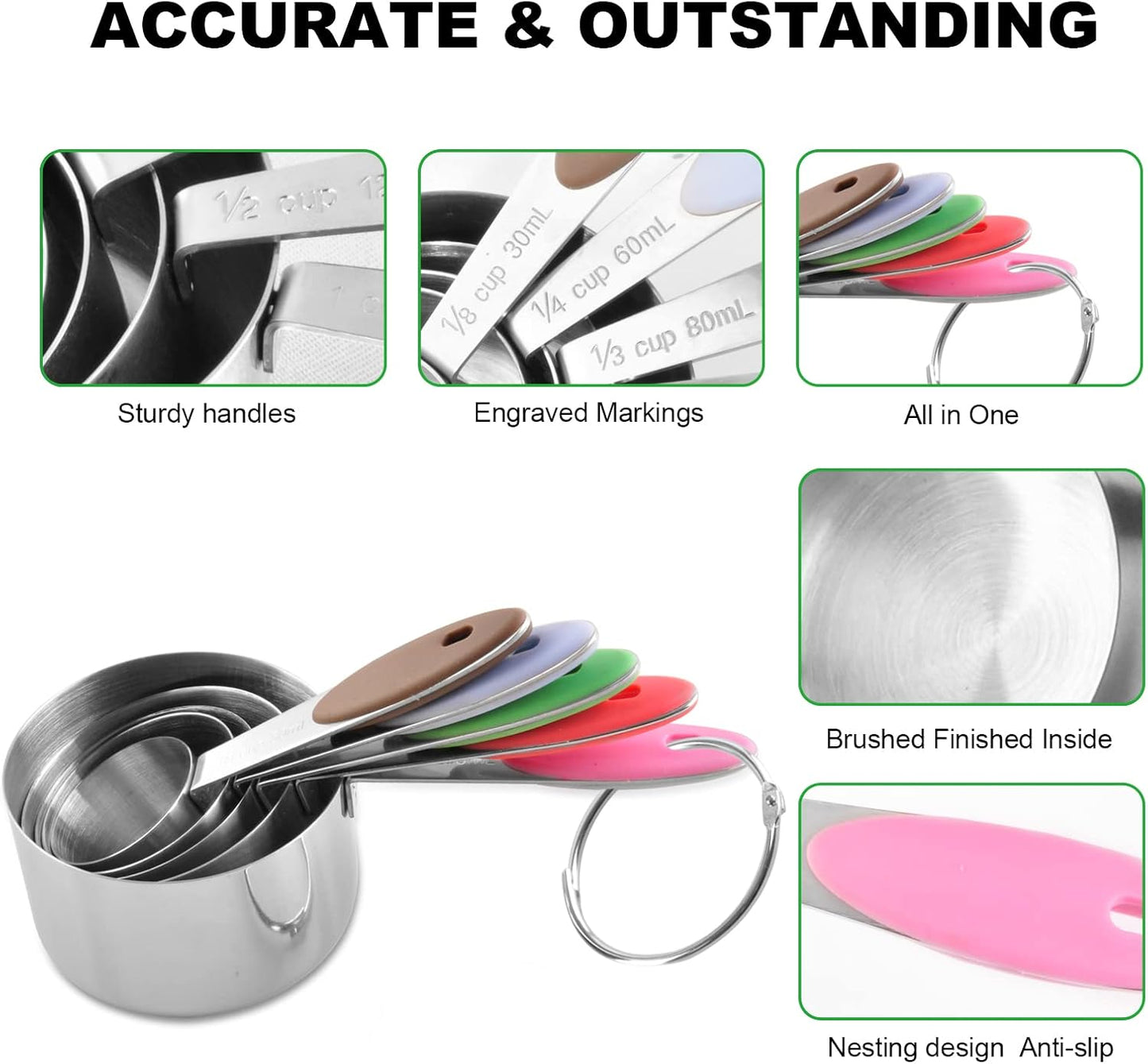 EDELIN Measuring Cups and Magnetic Measuring Spoons Set, Stainless Steel 5 Cups and 7 Spoons (Black)