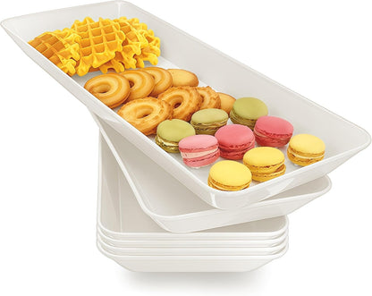 Serving Tray Platter Rectangle, 4 Pcs Long Narrow Food Tray for Veggie Fruit Snack Dessert, Plastic White Food Trays for Party Supplies Display, Rectangular Platters for Serving Food, BPA Free