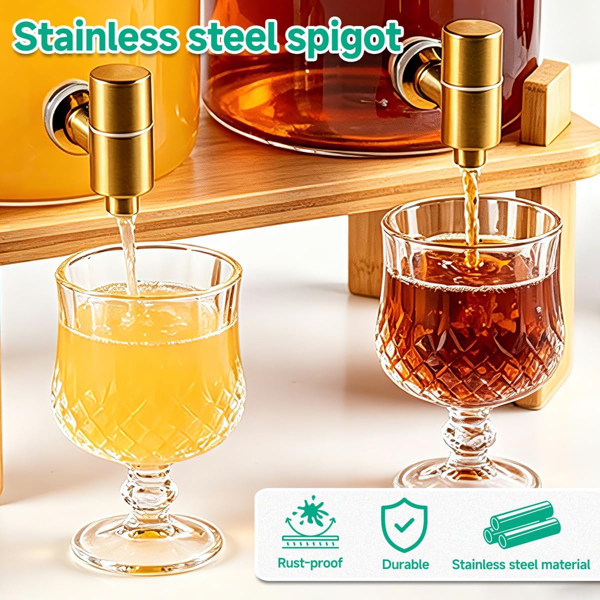2 Gallon 2 PCS (4 gallon) Beverage Dispenser With Bamboo Wood Stand,Large Glass Drink Dispenser for Parties,Large Water Dispensers with Spigot,Juice Containers & Water Pitcher,Lemonade Dispenser