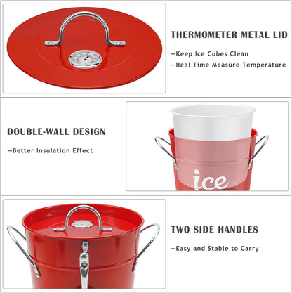 Double Wall Ice Bucket with Thermometer, Metal Wine Chiller Bucket with Lid & Scoop - for Champagne, Wine, Cocktails and Parties, Large Insulated Ice Holder - Perfect for Home & Outdoor Use,Red