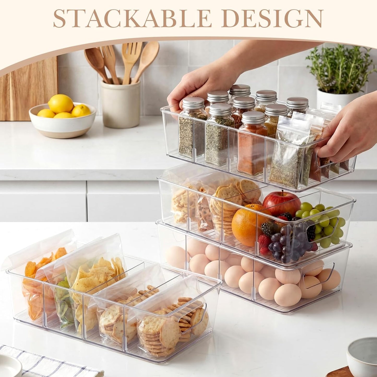 8 Pcs Pantry Organizers Bins, Clear Plastic Stackable Snack Storage Containers with 3 Dividers for Kitchen Cabinet Fridge Shelf Organization, 4 Compartment Holder
