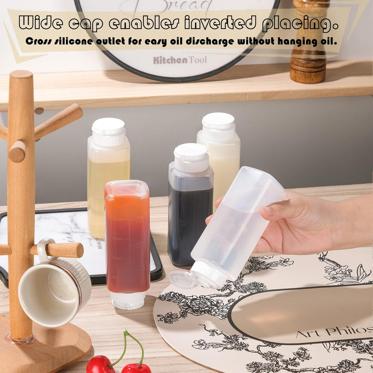 6 pack Inverted Squeeze Bottles for Hot Sauces Liquids Salad Dressing Honey Dispenser No Drip with Flip Top Silicone Valve