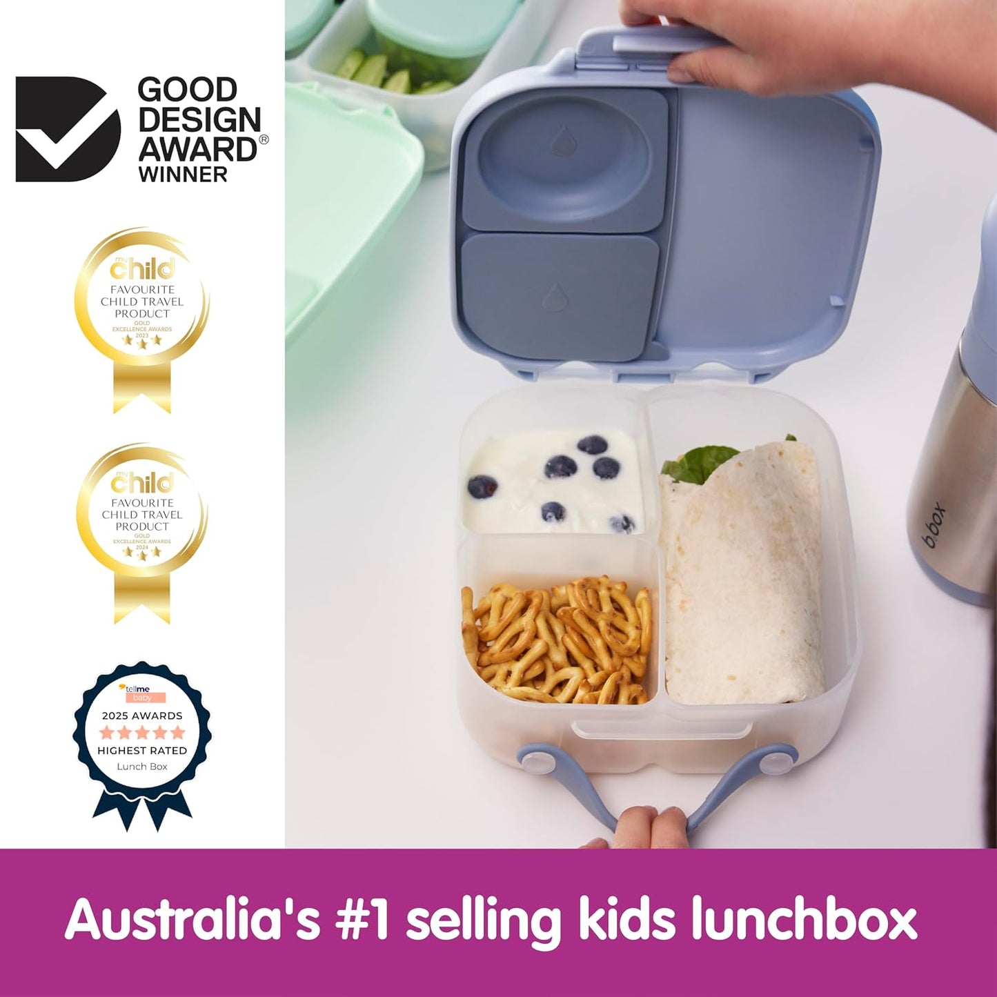 b.box Mini Lunch Box 2-Pack, Leak Proof Bento Box for Kids, 3 Compartment Snack Containers Ages 3+, Lunchbox for Daycare + School, Dishwasher Safe, BPA-Free, PFAS-Free, 4.25 Cup - Blue + Green