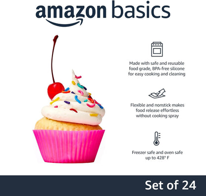 Amazon Basics Reusable Non-Stick Silicone Baking Cups, BPA Free, Muffin Liners, Dishwasher Safe, Microwave and Oven Safe, 2.9 x 2.9 x 1.3 in (LxWxH), Multicolor, 12-Pack