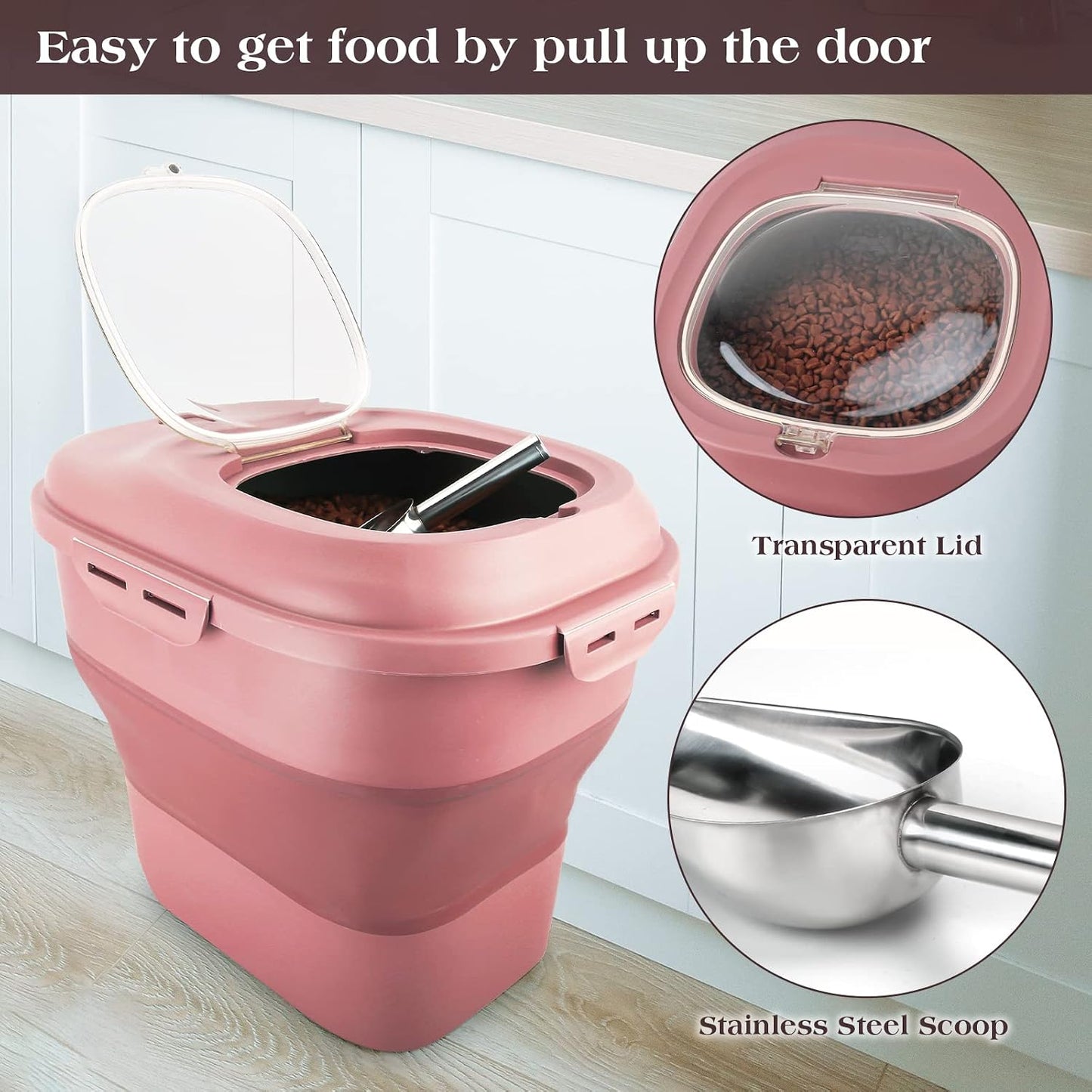 TIOVERY Dog Food Storage Container, Airtight Collapsible 13lb to 30lb Pet Food Container with Flip Top, Rolling Wheel, Scoop and 3L small container for Dog Cat Food and Dry Food of Rice, Flour
