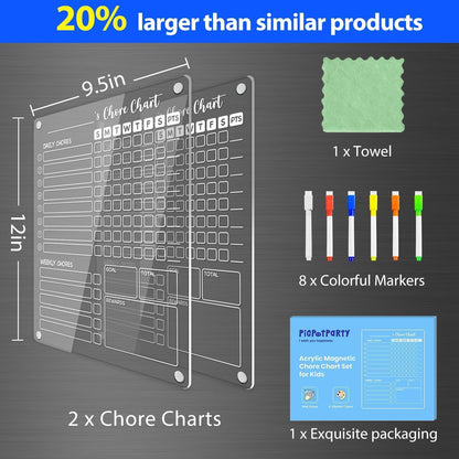 PigPotParty Acrylic Magnetic Chore Chart for Adults, 12x9.5 Inch Clear Dry Erase Chore Board for Fridge, Daily Weekly and Notes Sections, Pre-Installed Embedded Magnets, 8 Fine-tip Markers and Towel