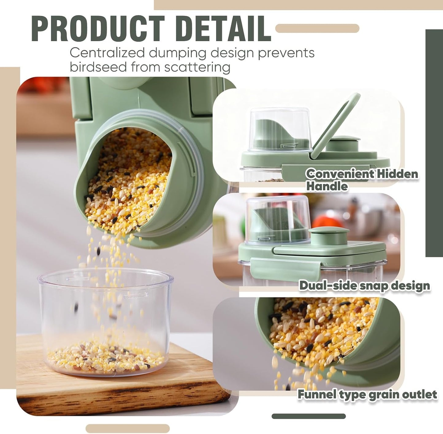 Maxdot 2 Pcs Bird Food Storage Container, Bird Seed Container with Lids Airtight Cup Pet Parrot Food Storage 1.7 Qt & 3 Qt Measuring Containers Easy Pour Spouts for Macaws African Cockatoos(Green)