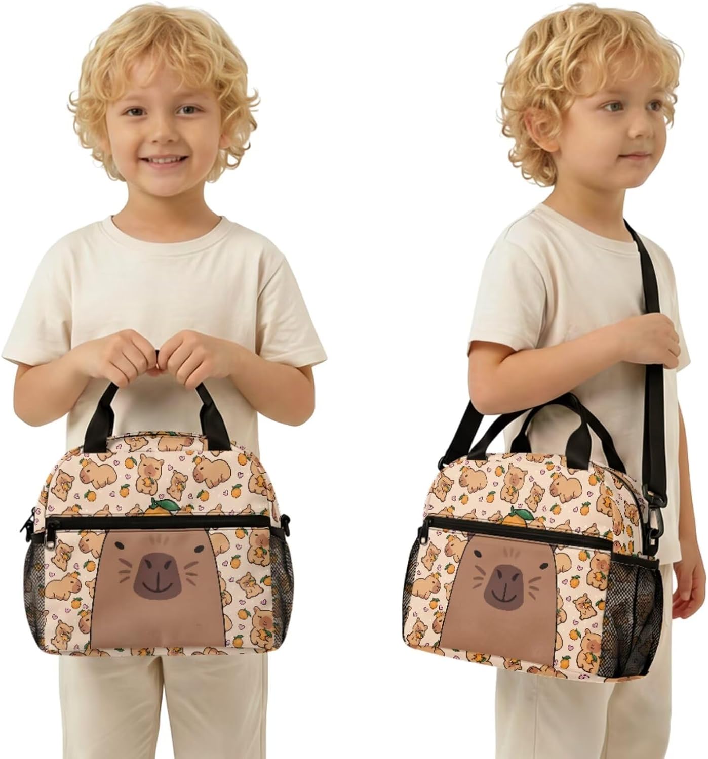 Cute Capybara Pizza Backpack for Girls, 5 Pcs Boys School Bag Set for Kids, 17 Inch Backpacks Lunch Pencil Box Reusable Utensils Case Set for Middle Elementary School, 3rd Grade Backpack