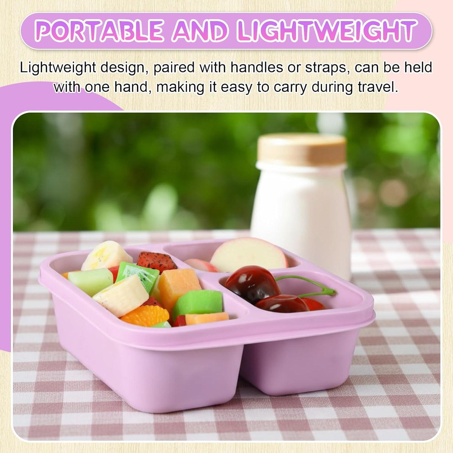 Honeydak 5 Pack Snack Containers 3 Compartment Bento Snack Boxes Divided Meal Prep Containers with Lids Reusable Adults Lunch Food Storage Box for School Work Travel(Elderberry)