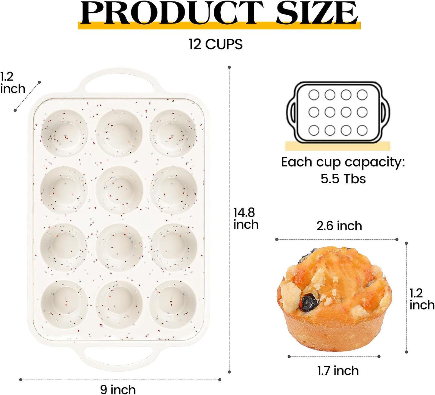 Regular 12 Cup and Mini 24 Cup Nonstick Cupcake Pan Set Silicone Muffin Pan for Baking Silicone Cupcake Mold with Metal Reinforced Frame BPA Free (2 Pcs, Cream)