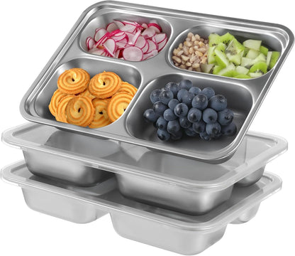 Joyibay 3 Pcs Stainless Steel Snack Containers with Transparent Lids, 4-Compartment Bento Box, 9.4 x 6.7 x 1.6 in Divided Food Tray, Reusable Meal Prep Containers for Youngsters and Adults