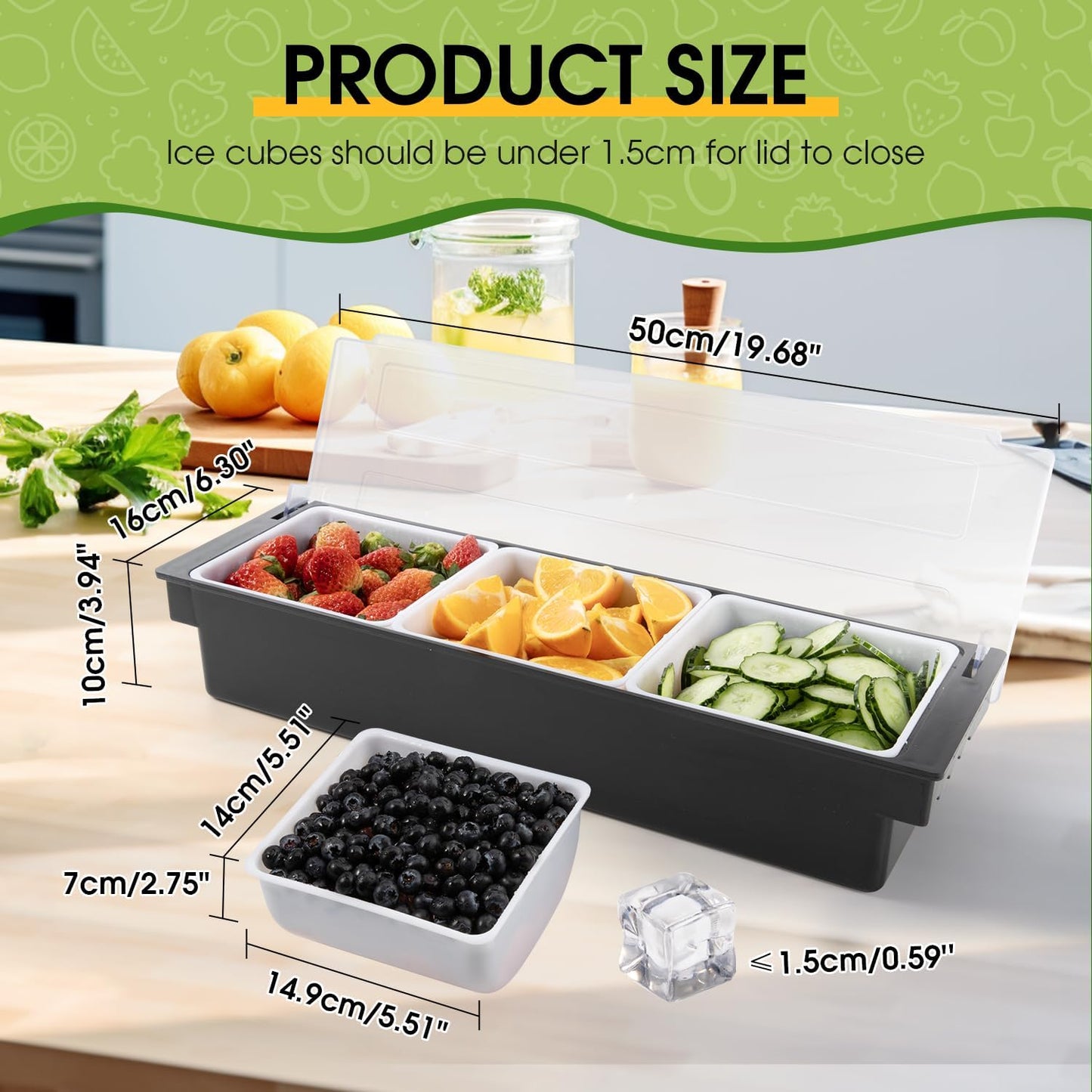 Ice Cooled Condiment Serving Container Fruit Veggie Condiment Caddy Plastic Garnish Station with Lid for Fruit,Ice Cream,Salad Bar-Topping Organizer for Restaurant Supplies (3 Compartments)
