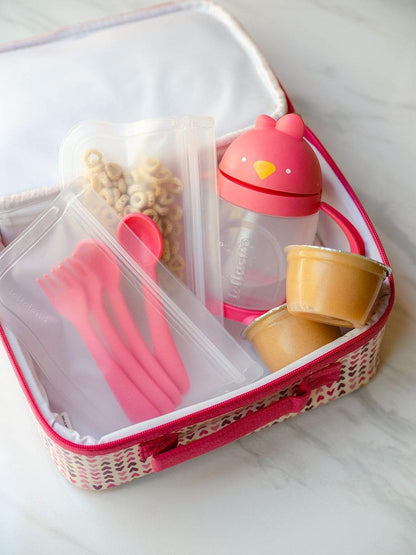 Lollaland 5 Piece Plastic Toddler Silverware Spoon and Fork Utensil Set - Reusable Toddler Cutlery With Hygienic Travel Pouch (Pink)