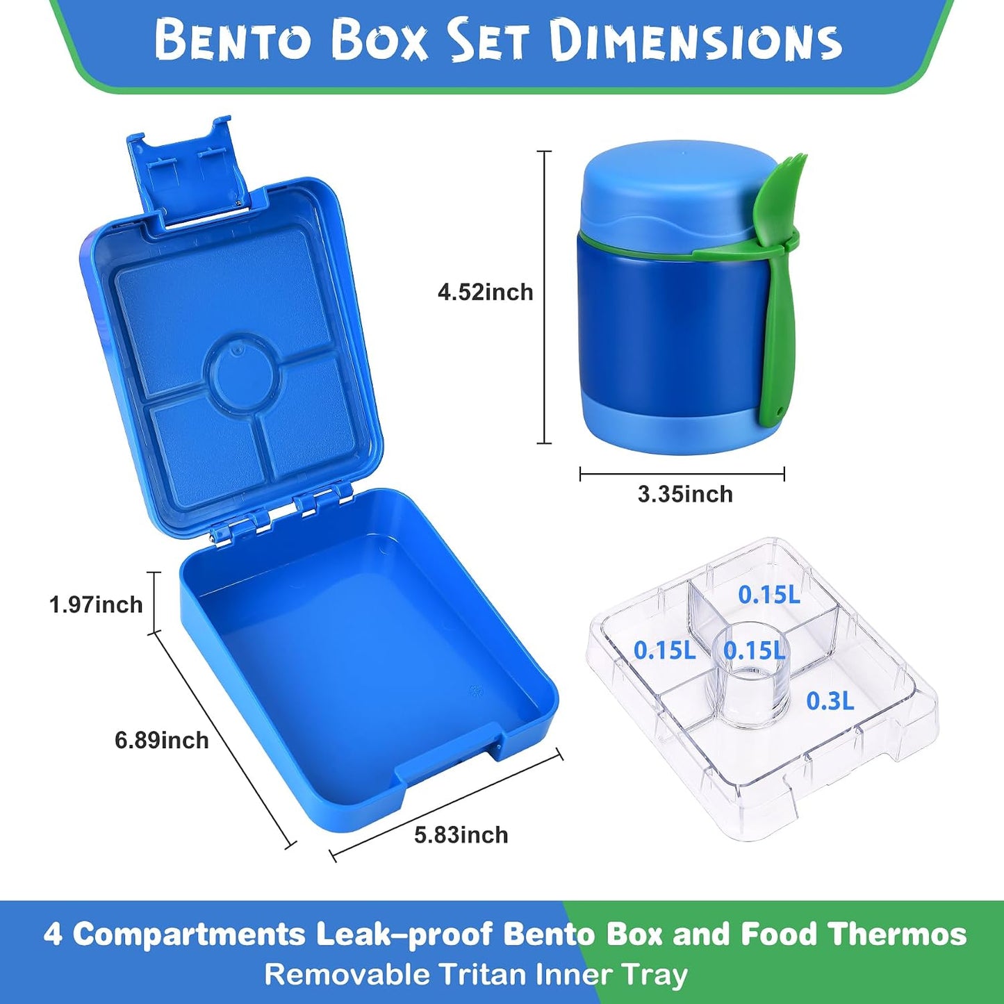 Pawtong Bento Lunch Box Set With 10oz Soup Thermo, Leak-proof Lunch Containers with 4 Compartment, Kids Hot Thermo Food Jar/Insulation Lunch Bag, Food Containers for School（Dinosaur）