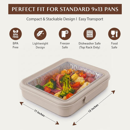 9x13 Pan Carrier with Aluminum Foil Pan – Insulated Food Carrier for Casseroles, Lasagna & Hot/Cold Dishes, Decorative Tabletop Serving Container with Lid for Parties, BBQ, Catering, Travel & Potlucks