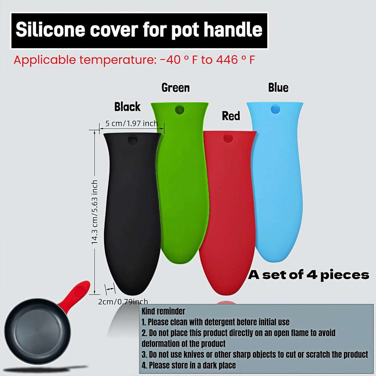 Silicone Hot Handle Covers for Cast Iron Skillet, Pan and Pot, Heat Resistant up to 446°F, 4 Colors, Set of 4