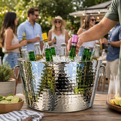 BREKX 6.25 Gallon Large Stainless Steel Bucket for Parties, Double-Walled Insulated Anchored Drink Tub & Ice Bucket with Double Hinged Handles, Silver, Extra Large