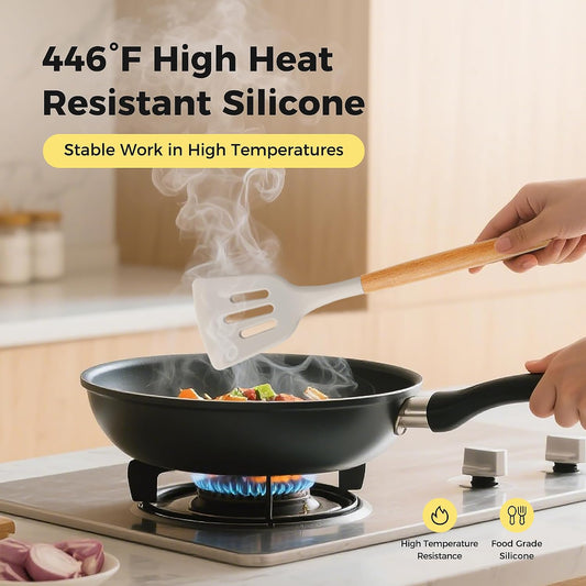 Hvygss Kitchen Utensils Set with Wooden Handle, 26 Pieces Heat Resistance Silicone Cooking Utensils Set with Holder, Food Grade Non-Stick Silicone Spatula, Kitchen Set for Cooking (Khaki)