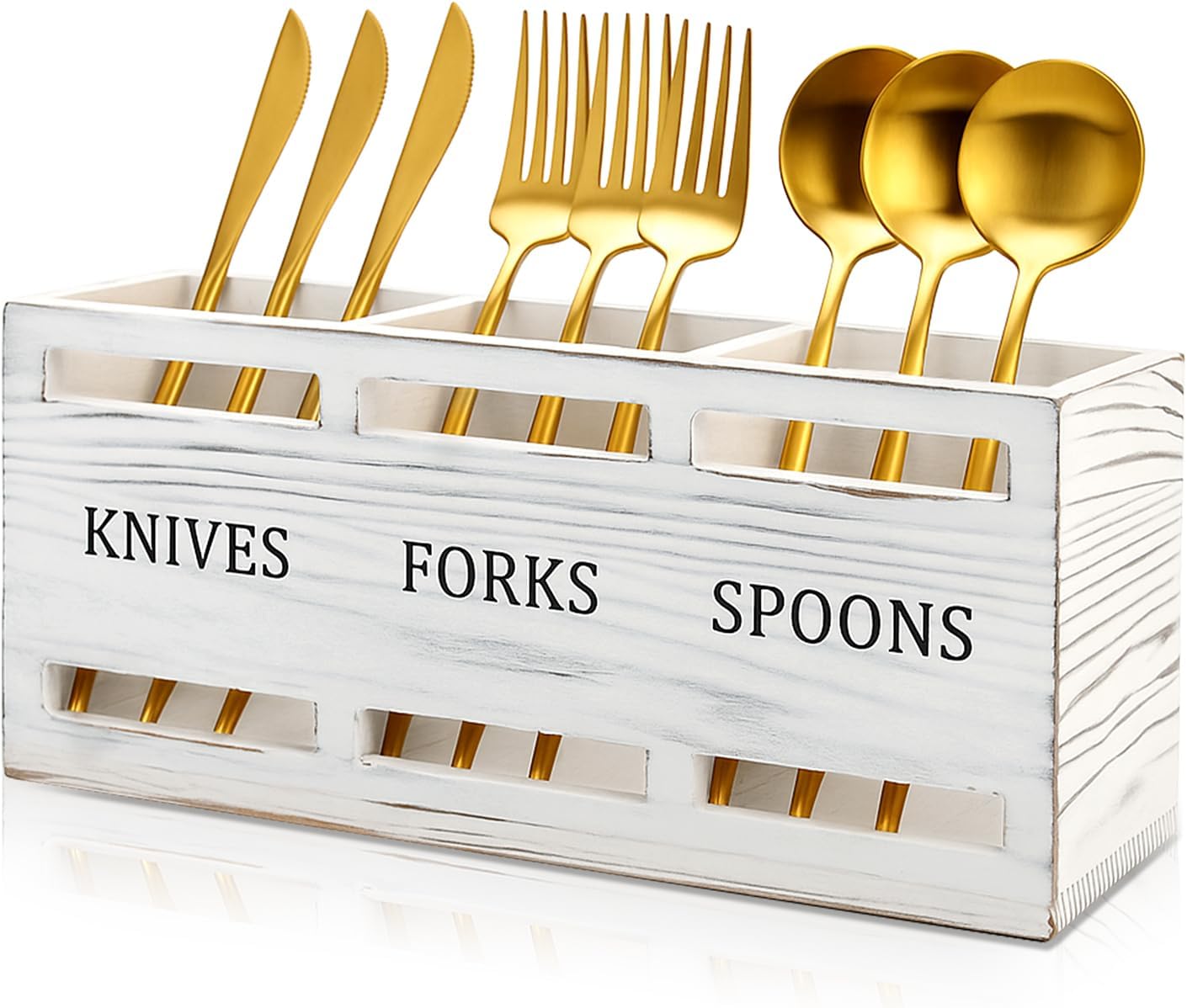 Wooden Silverware Cutlery Holder White Flatware Caddy Small Kitchen Utensil Holders for Party Wood Silverware Organizer Storage for Table Countertop Spoon and Fork Holder Utensils Caddy Basket