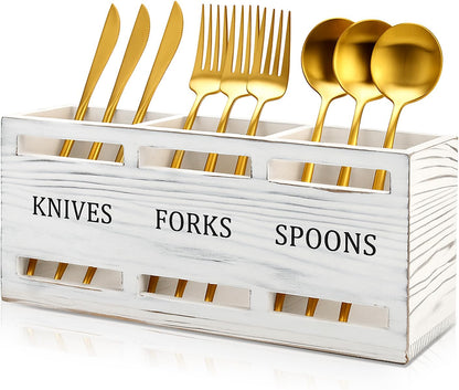 Wooden Silverware Cutlery Holder White Flatware Caddy Small Kitchen Utensil Holders for Party Wood Silverware Organizer Storage for Table Countertop Spoon and Fork Holder Utensils Caddy Basket