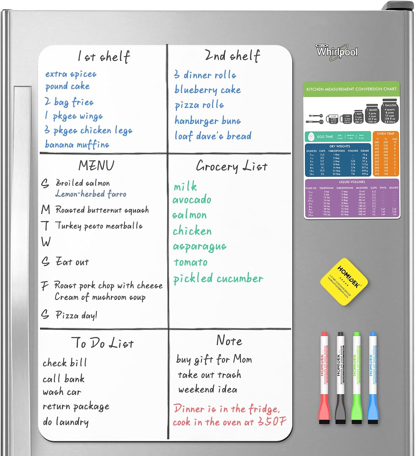 HOMiDEK Magnetic Dry Erase Board: Small Fridge Whiteboard, Flexible Refrigerator Magnet White Board, Blank Writing Note Sheet with Kitchen Conversion Chart Magnet, 4 Markers & Eraser - 12 x 8