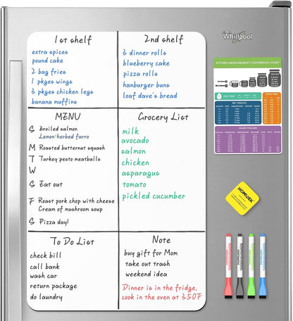 HOMiDEK Magnetic Dry Erase Board: Small Fridge Whiteboard, Flexible Refrigerator Magnet White Board, Blank Writing Note Sheet with Kitchen Conversion Chart Magnet, 4 Markers & Eraser - 12 x 8