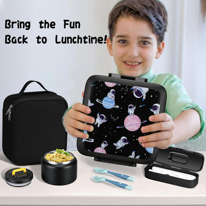 JXXM Bento Lunch Box for Kids With 8oz Soup thermo,Leak-proof Lunch Containers with 5 Compartment,thermo Food Jar and Lunch Bag, Food Containers for School (A-Blue(Extreme Locomotive))