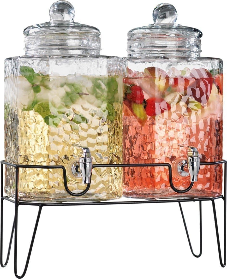 3 Gallon Glass Drink Dispenser with Metal Stand & Lid – Hammered Beverage Dispenser with Leakproof Spigot, Wide Mouth for Easy Fill – Ideal for Parties, Lemonade, Iced Tea, Sangria & More