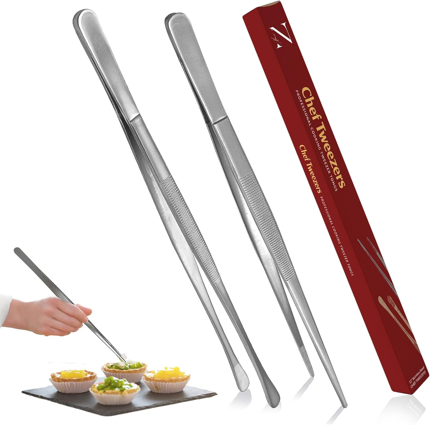 Namre' Tweezer Tongs for Cooking -Plating Tweezers - 2 Pack Stainless Steel Cooking Tongs - Thin Chopstick Tongs (Silver)